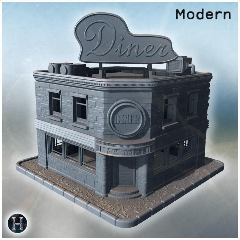 Retro diner with a large neon sign, curved corner entrance, and brick facade (19) - Modern WW2 WW1 World War Diaroma Wargaming RPG Mini Hobby