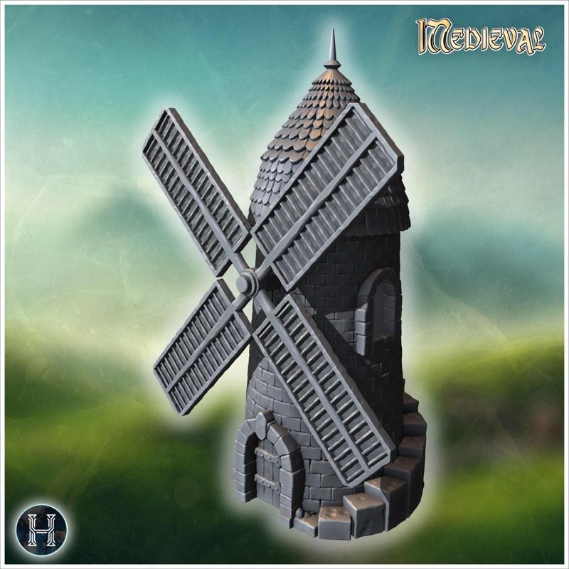 Medieval stone windmill with large rotating blades, arched doorway, and sturdy base (14) - Medieval Gothic Feudal Old Archaic Saga 28mm 15mm RPG