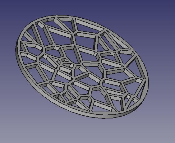 A cup coaster with an open lattice Voronoi pattern.