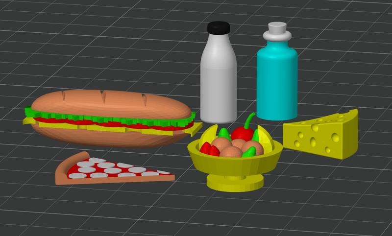 Dollhouse food: Sandwich, Fruit Bowl, Pizza, Cheese, Bottles (Painted for Bambu MMU)