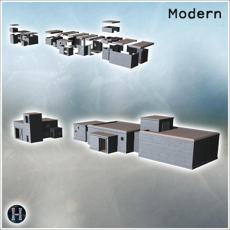 Series of modern, blocky buildings with flat roofs and small windows (11) - Modern WW2 WW1 World War Diaroma Wargaming RPG Mini Hobby