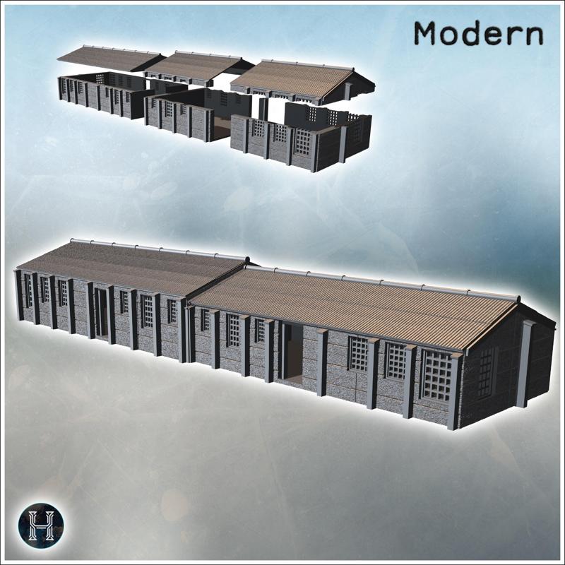 Long warehouse with corrugated roof and multiple windows along the side (3) - Modern WW2 WW1 World War Diaroma Wargaming RPG Mini Hobby
