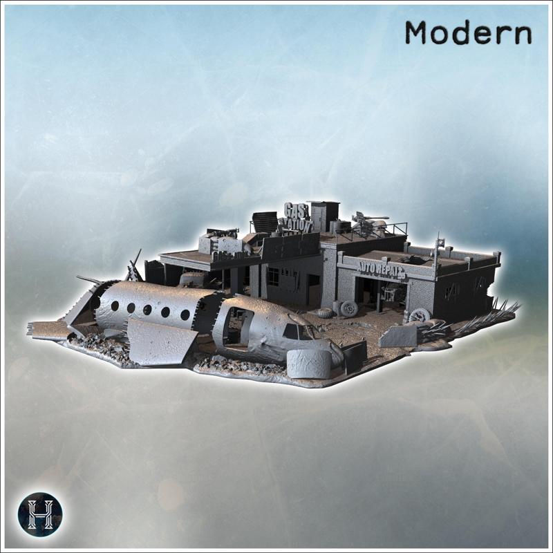 Damaged gas station featuring airplane wreckage, broken vehicles, scattered debris, and crumbling structures (2) - Modern WW2 WW1 World War Diaroma Wargaming RPG Mini Hobby