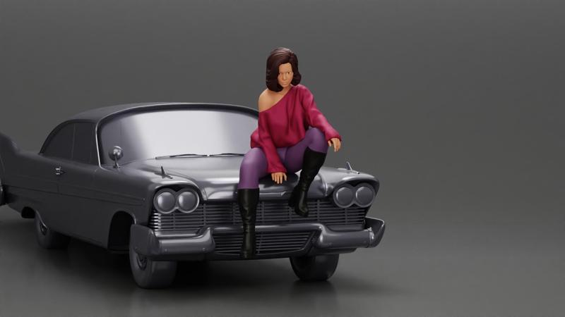 lowrider girl sitting on a car, wearing boots and a stylish shirt