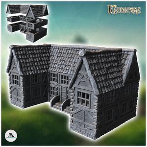 Large medieval dwelling with wide access staircase, carved stone base and two side wings (19) - Medieval Gothic Feudal Old Archaic Saga 28mm 15mm RPG
