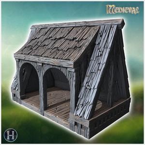 Wooden balcony with arched openings, shingled roof, and visible support beams underneath (38) - Medieval Gothic Feudal Old Archaic Saga 28mm 15mm RPG
