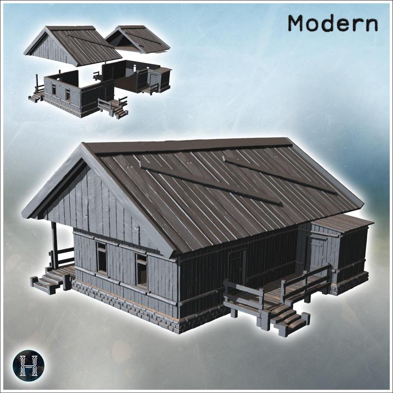 Traditional wooden house with a raised porch and steps leading to the entrance (8) - Modern WW2 WW1 World War Diaroma Wargaming RPG Mini Hobby