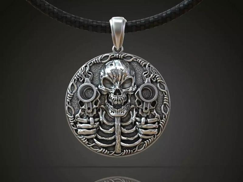 Angry Skull smoking guns round pendant