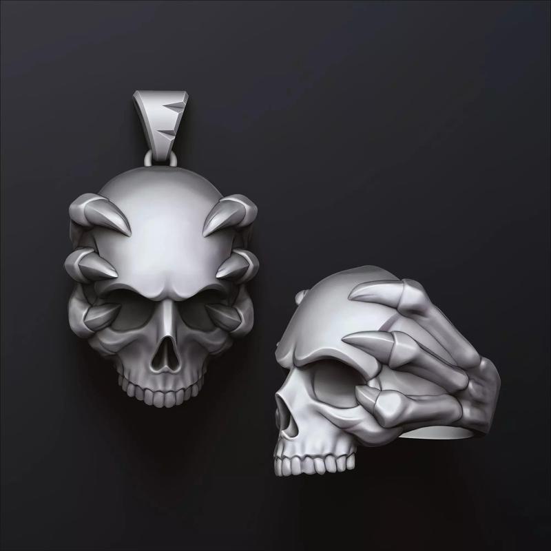 Skull Clutches Pendant Ring Set