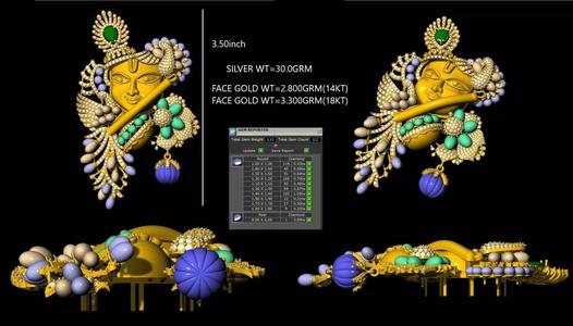 Krishna Flute Pendant 3D Model with Gem Settings
