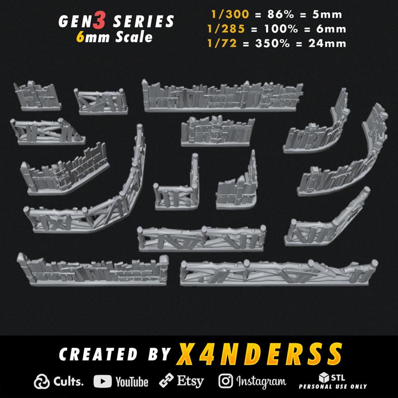 By X4NDERSS • 6mm Props 1 • Gen3 •  1/285 1/300 1/72 Scale • x15 Stylized Miniature Wooden Fences Wall Gates Models Medieval Warfare 3D Print Printing Fantasy Warrior Total War Mini Micro
