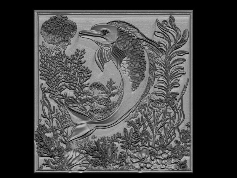 Koi Fish Underwater Relief Sculpture - Marine Life Scene