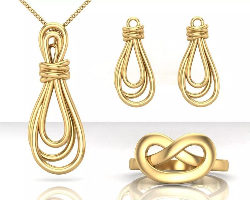 Knot set gold jewelry with infinity necklace and ring