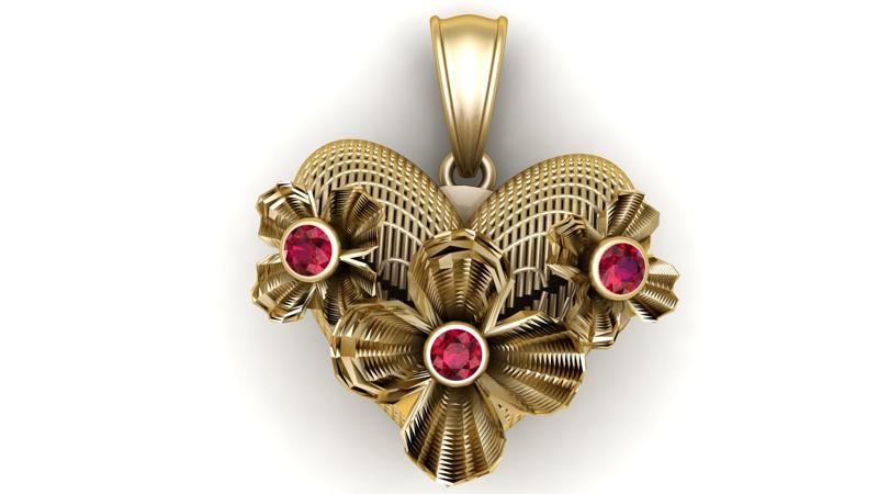 Golden Floral Heart Pendant with Ruby Accents