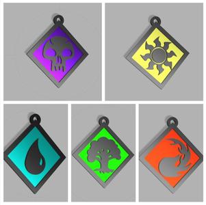 keychain/pendant collection with mana symbols