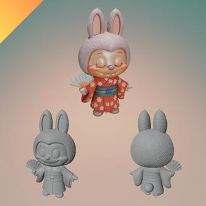 Chinese Labubu in Kimono – STL and GLB File for 3D Printing – Cute Labubu Figurine with Fan and Bunny Ears