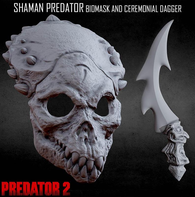 3D PRINTABLE SHAMAN PREDATOR BIOMASK AND CEREMONIAL DAGGER PREDATOR 2