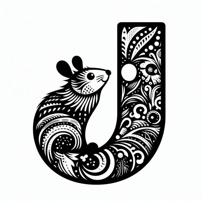 Decorative letter J with cute mouse (four colours)