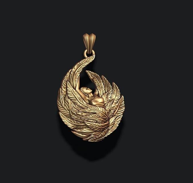 Girl with feather wings pendant v2 3D print model
