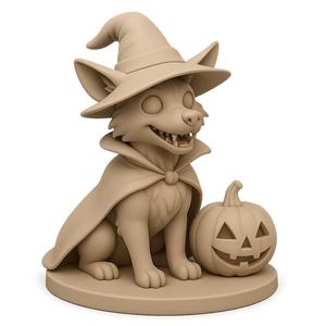 Wolf in Witch Costume with Pumpkin