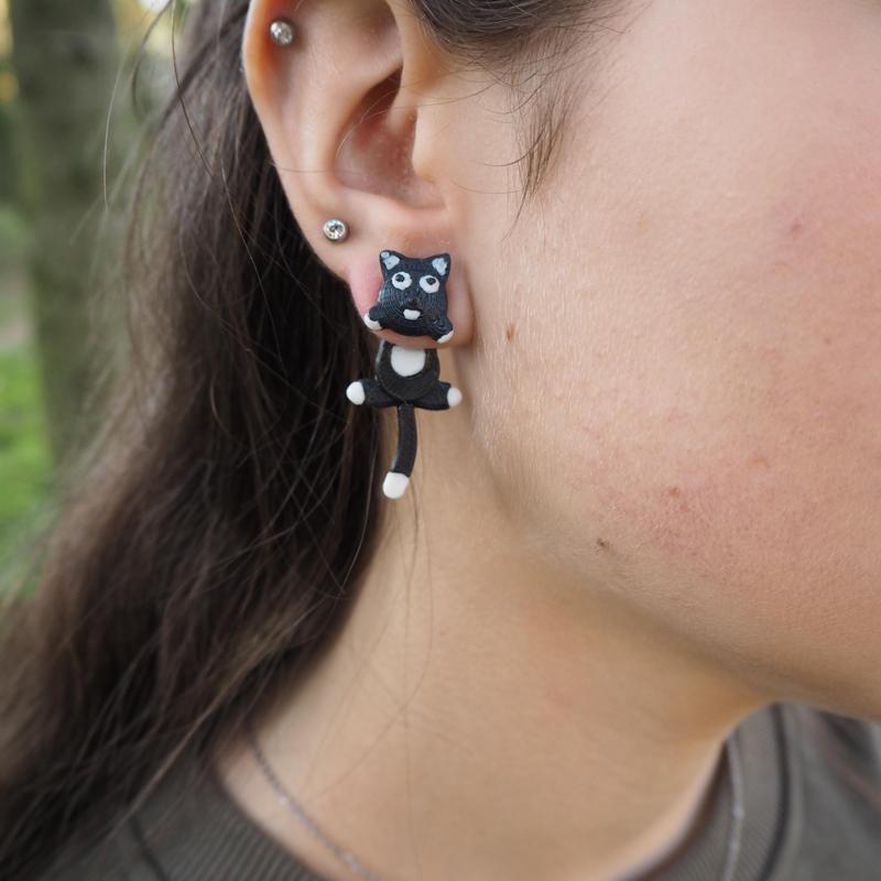 Black and white cat earrings