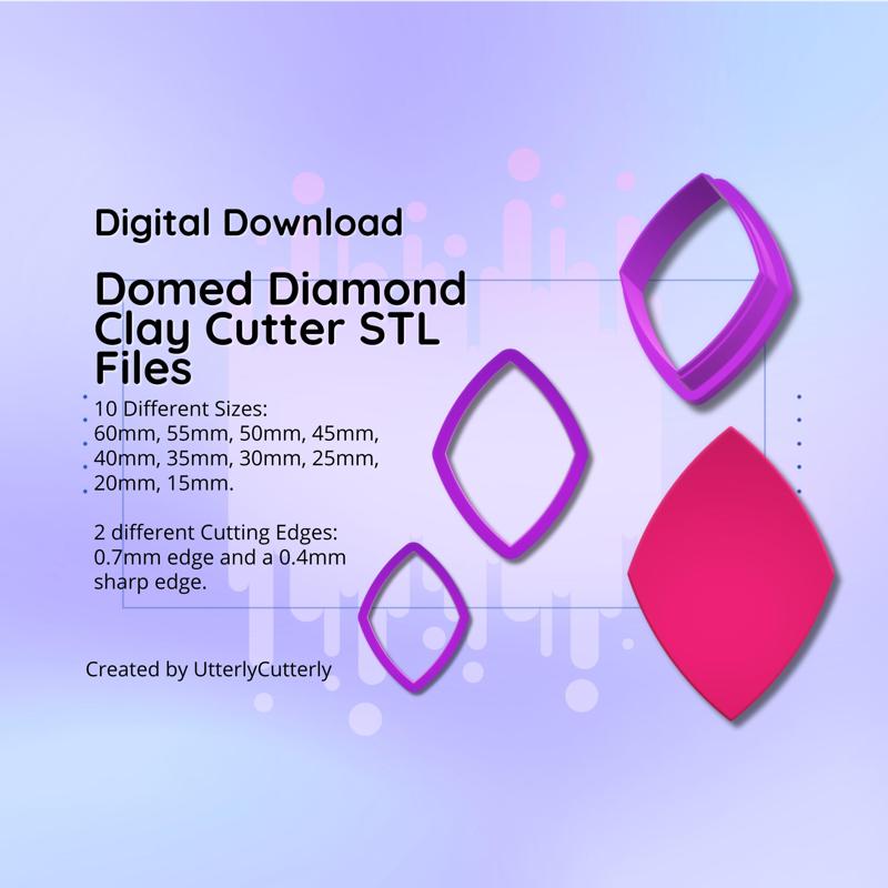Clay Cutter STL File Domed Diamond- Boho Earring Digital File Download- 10 sizes & 2 Cutter Versions, cookie cutter