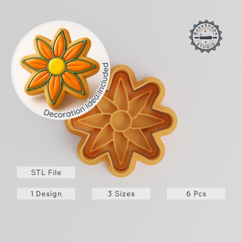 Gazania Flower Cutter & Stamp Set, Perfect for Cookies & Fondant, Blossom Design, 6 Pieces, 3 Sizes
