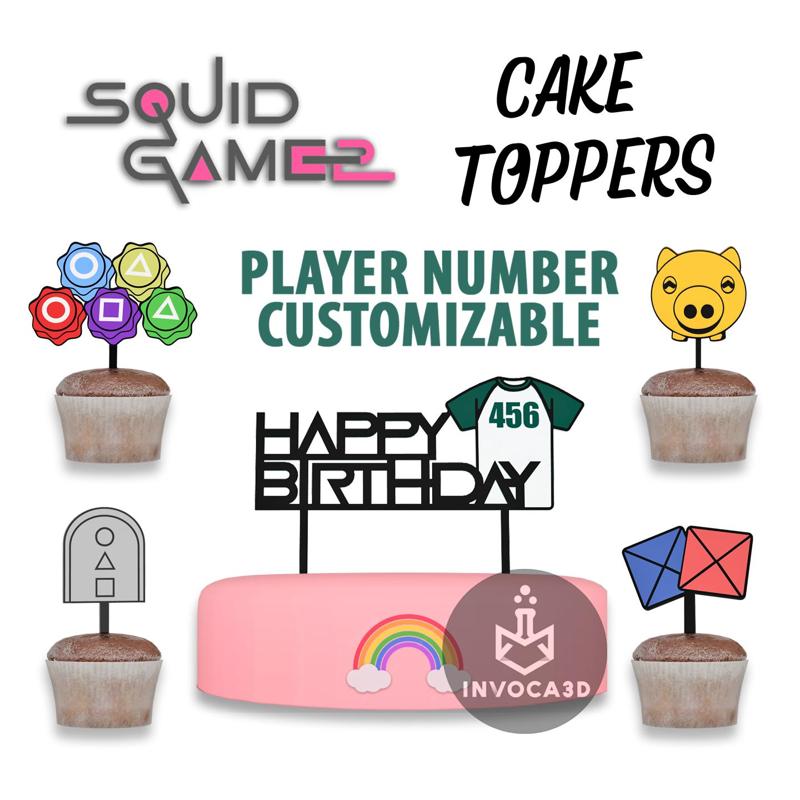 SQUID GAME Pack Cake and Cupcake Toppers For Birthday Decoration – MULTICOLOR - CUSTOMIZABLE