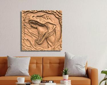 DINOSAUR T-REX ON A BOARD WOOD CARVING CNC- 3D PRINTING