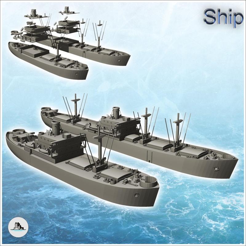 Set of two large transport ships with chimneys and boats (3) - World War Two Second WWII Western campaign USA UK Germany