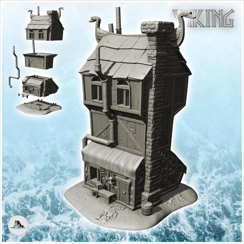 Viking house with large chimney and exterior pipes with wooden emblems (8) - Medieval Gothic Feudal Old Archaic Saga 28mm 15mm