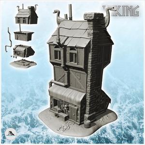 Viking house with large chimney and exterior pipes with wooden emblems (8) - Medieval Gothic Feudal Old Archaic Saga 28mm 15mm