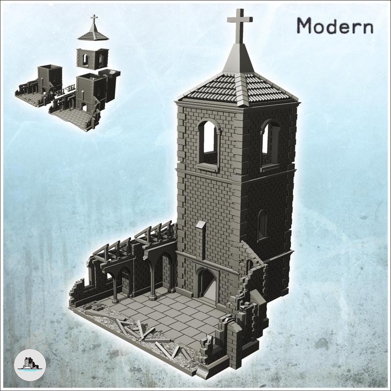 Ruined church with bell tower (with dice tower version) (9) - World War Two Second WWII Western campaign USA UK Germany
