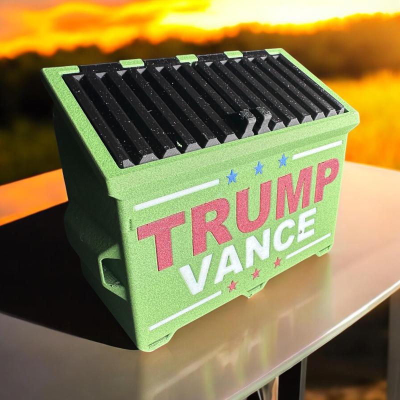 The TRUMPSTER Realistic, ballot box, dumpster with moving lid, functional desk, print