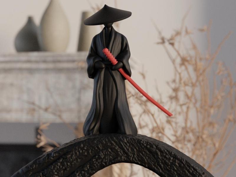 Minimalist Samurai on Bridge 3D Sculpture