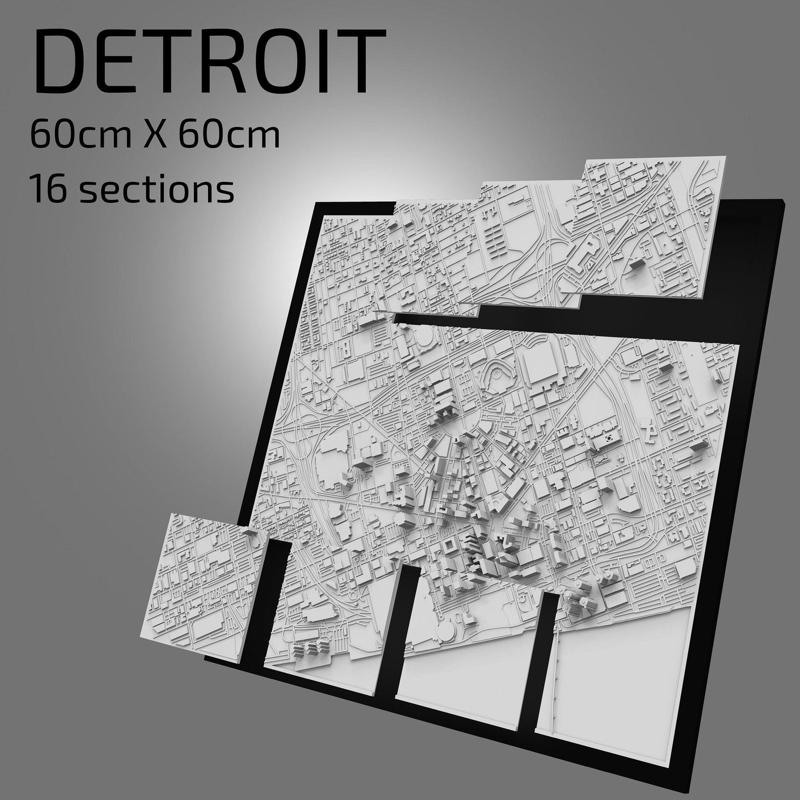 3D Detroit | Digital Files | 3D STL File | Detroit 3D Map | 3D City Art | 3D Printed Landmark | Model of Detroit Skyline | 3D Art