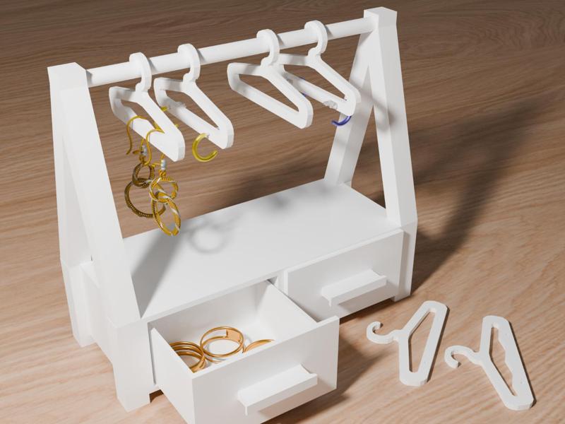 Jewelry stand with drawers for storage and hangers