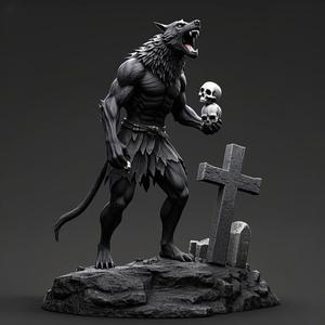 2016 Howling Werewolf with Skull - 3D Printed Statue, magic, dragon, serpent, mask, gnome, gorgon, venetian carnival, wild, fox, monster, cat, fair, witch, werewolf, horror, beast, snake, troll, skeleton dance