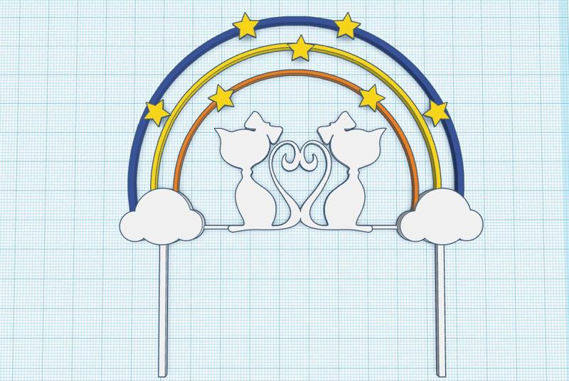 Cake topper for sisters, rainbow and two cats
