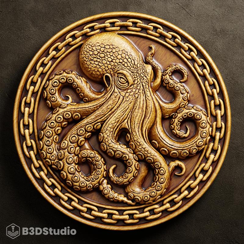 Octopus Relief for CNC Laser and 3D Print STL File and 4K Grayscale TIF