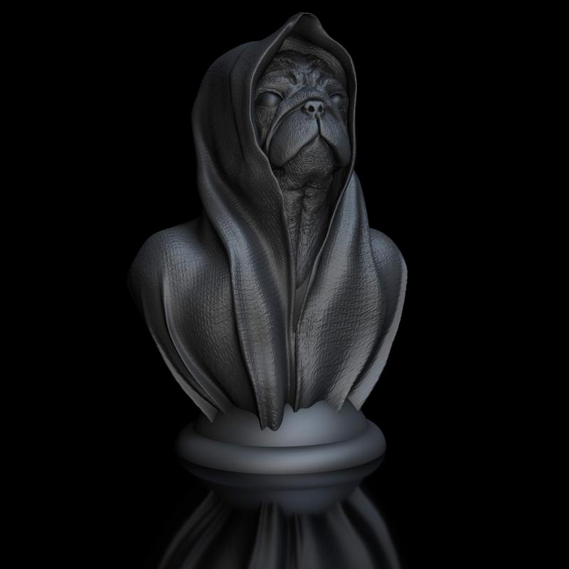 Pug with Collar and Cape on Pedestal