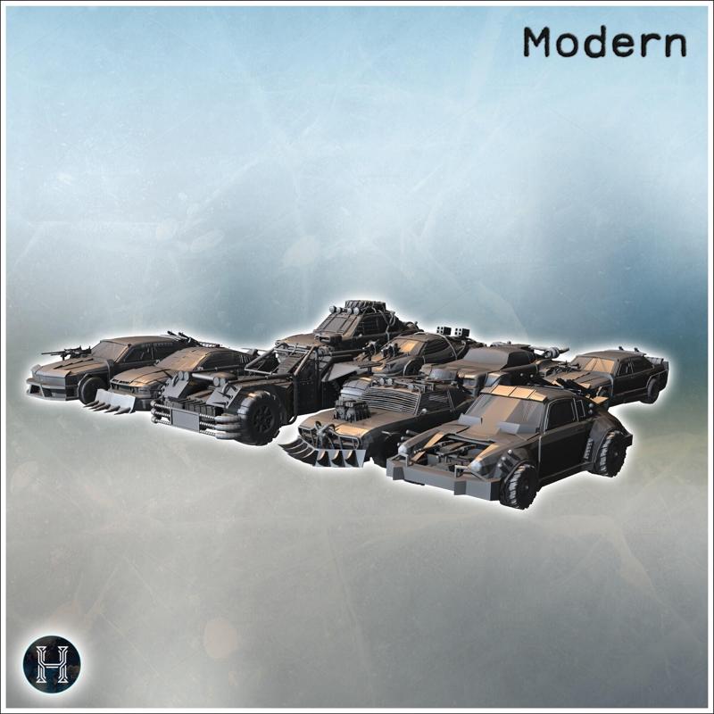 Set of post-apocalypse cars (incl. BMW 735i, buggy, …) (9) - Future Sci-Fi SF Post apocalyptic Tabletop Scifi Wargaming Planetary exploration RPG Terrain