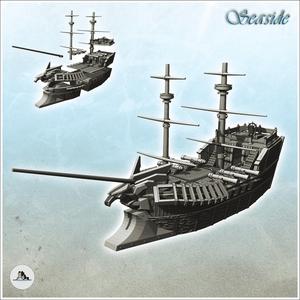 Two-masted medieval wooden ship with six gunpowder cannons (1) - Pirate Jungle Island Beach Piracy Caribbean Medieval Skull Renaissance