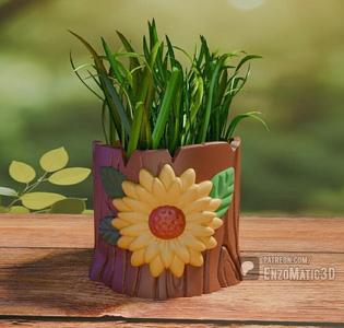sunflower pot in tree - flower pot, pencil holder - 3mf, STL for 3D printer, 3D printing, 3D printing