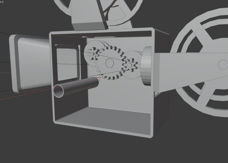 3D film viewer with gears and a lever to display an image from a camera film.