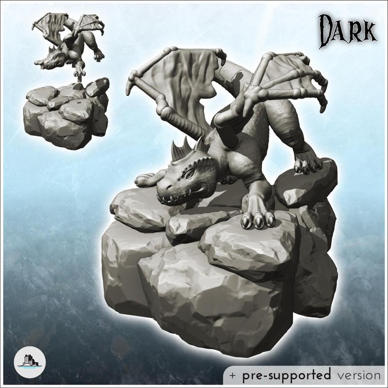 Young winged dragon sitting on rock (26) - Medieval Dark Chaos Animal Beast Undead Tabletop Terrain