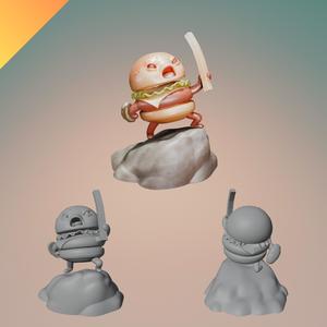 Burger Warrior 3D Model – STL, OBJ, GLB – Cheeseburger Hero Holding Fry Sword
