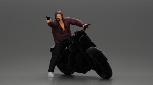 Hooded gangster man sits on motorcycle aiming a pistol with determination