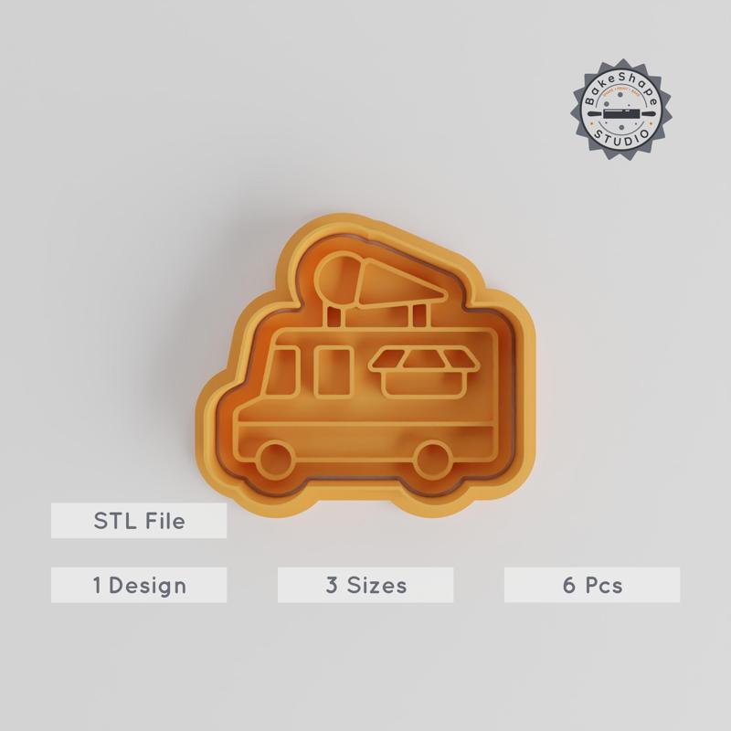 Ice Cream Truck Cookie Cutter & Stamp Set, Frozen Treats Design, Fondant & Dessert Tool, 3 Sizes, 6 Pieces