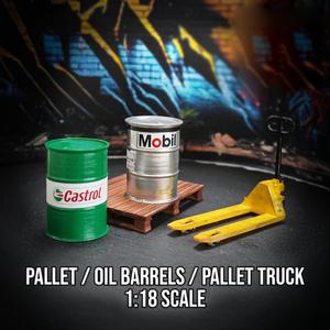 Diorama 1:18 Pallet truck/ Jack with Pallet/ Castrol/ Mobile barrels/ Part For Diorama